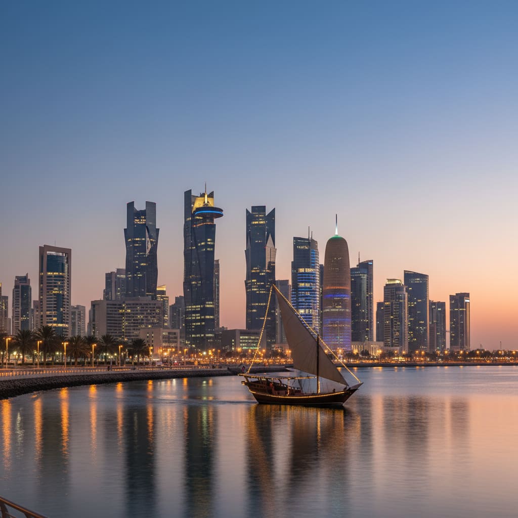 Doha skyline at dusk with a traditional dhow boat on the Corniche