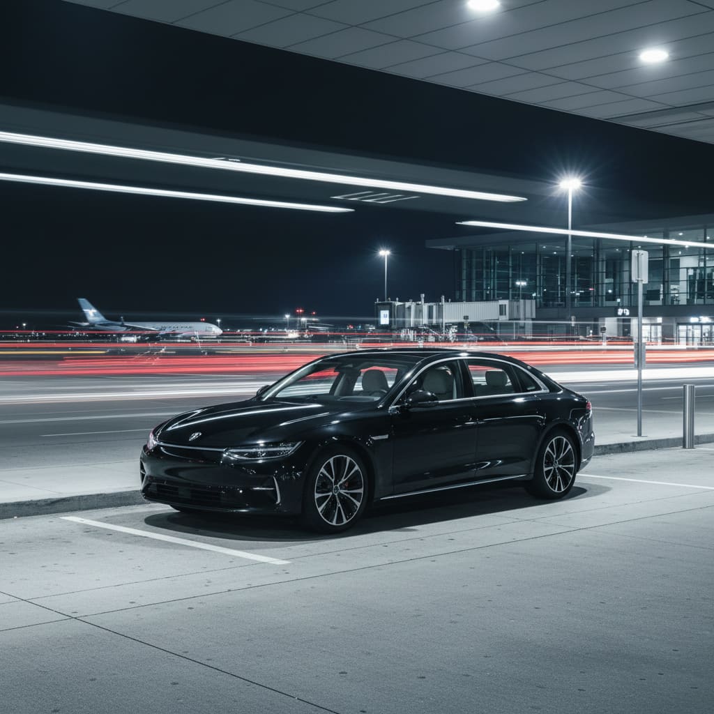 Modern sedan at an airport curbside pickup