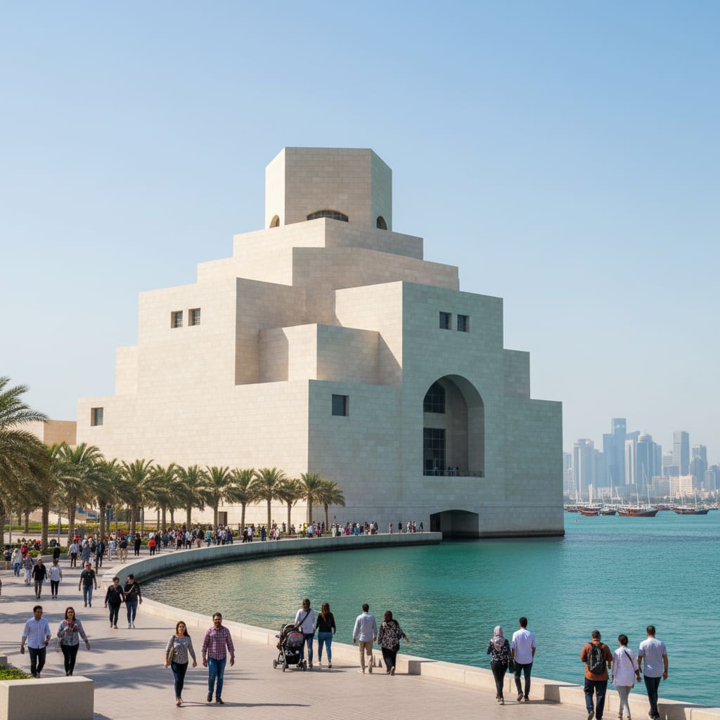 Museum of Islamic Art exterior and waterfront promenade in Doha