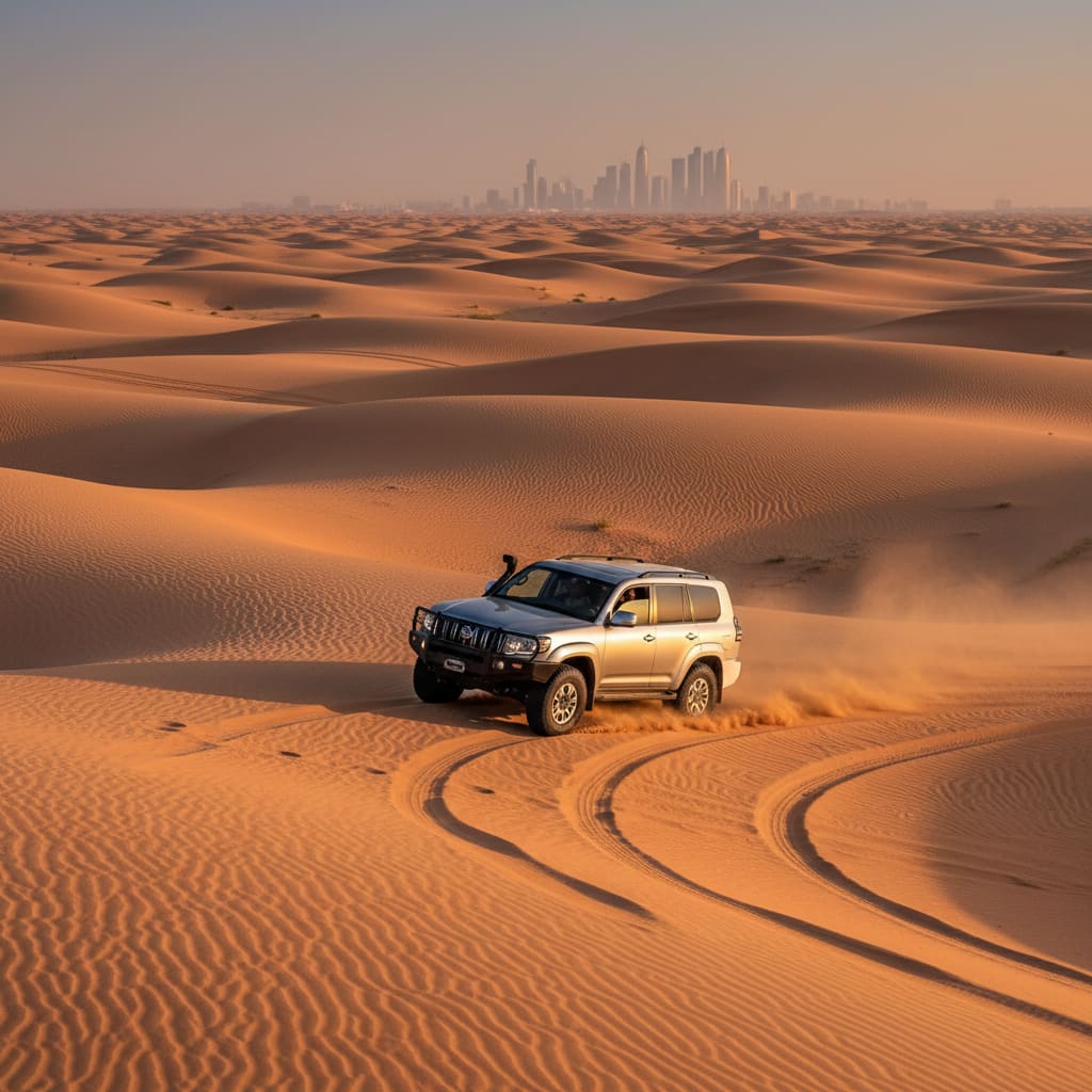 SUV driving on Doha sand dunes at golden hour