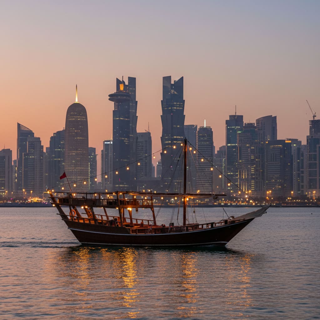 Traditional dhow with soft lights cruising the Doha Corniche